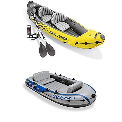 Intex 2-Person Inflatable Kayak with Oars, Air Pump & 4-Person Boat with Oars, Pump
