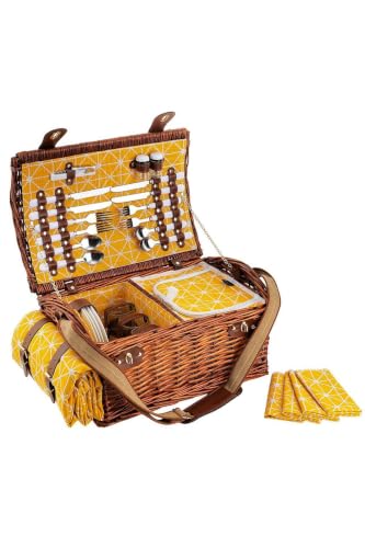 Wicker Picnic Basket Set for 4 People with Insulated Compartment, Star Pattern, Brown 18.9 x 14.2 x 9.8 inches