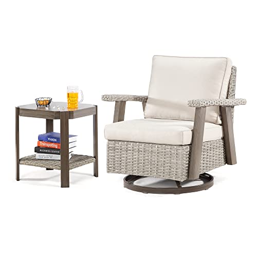 Joyside Patio Chair with Side Table - Patio Wicker Furniture Set 2 Pieces, Outdoor 360 Degree Swivel Rocker Chair with Durable Fabric Cushion and Ergonomic Structure(Grey Beige)