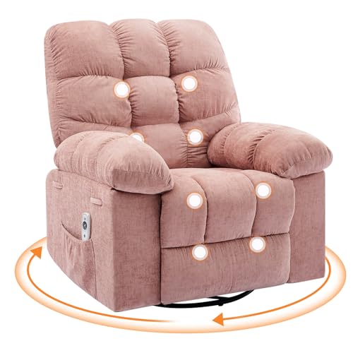 Oversized Swivel Rocker Recliner Chair for Adult, 360° Swivel Rock Recliner with Massage&Heating, Extra Wide Manual Recliners, Upholstery Overstuffed Soft Rocking Sofa Chair,Pink