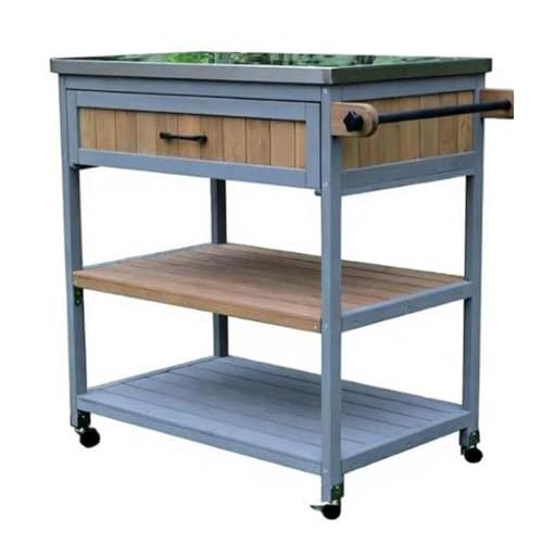 JOSOGO Outdoor Prep Table with Storage, Rolling Kitchen Island, Movable Bar Cart with Stainless Steel Top for Outside Patio, Backyard, Garden(C-Gray Brown)