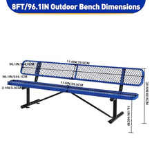 Outdoor Garden Bench, Cast Iron Metal Frame Patio Park Bench with Backrest, Portable Expanded Metal Black Bench, Commercial-Grade Outdoor Seating for Lawn, Patio, Park, Yard, Garden (Blue, 8FT/96'')