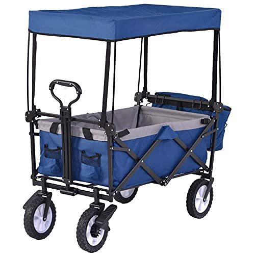 LIPJIA Shopping Trolley,Folding Camping Cart, Portable Garden with 4 Wheels, Romovable Canopy, Collapsible Garden Pull Wagon Hand Outdoor Utility Garden Wheelbarrow Garden Car