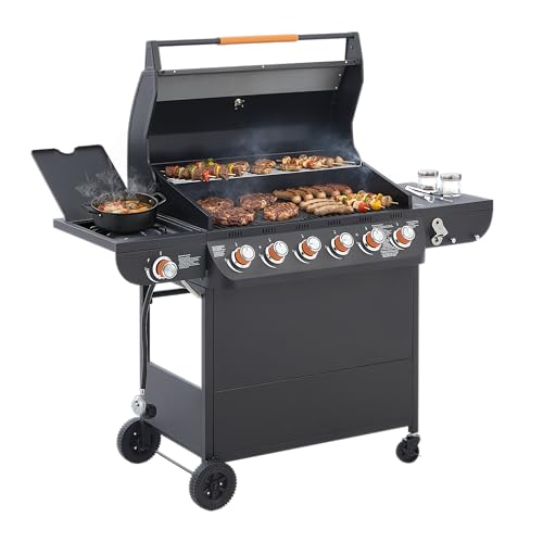 6 Burner Propane Gas Grill with Side Burner, 72000 BTU Stainless Steel Barbecue Grill with Cast Iron Grates and Locking Wheels for Outdoor Cooking in Backyard Patio and Camping Lawn