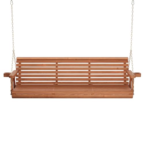 Amish Casual Heavy Duty 700 Lb Capacity Porch Swing with Cupholders (6 Foot, Cedar Stain) – Wooden Outdoor Roll Back Swing with Hanging Chains – Amish Made in the USA