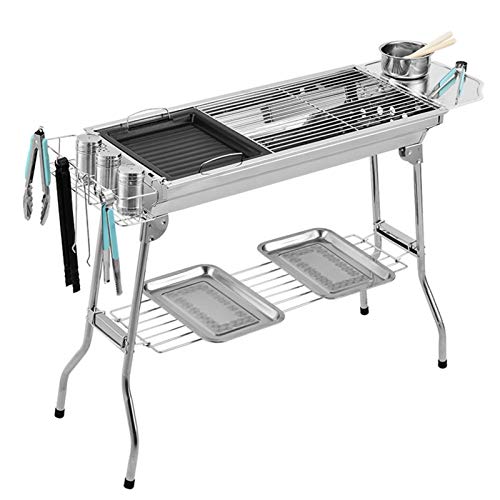 NEWCES Barbecue Desk Outdoor Stainless Folding BBQ Grills Picnic Barbecue Rack Grill Charcoal Stove Picnic Accessories Suitable for 3-6 Person，Silver Tabletop Barbecue