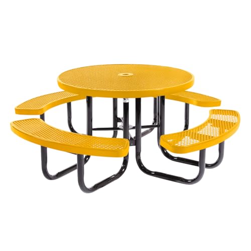 Coated Outdoor Furniture Heavy-Duty Portable Outdoor Picnic Table with Umbrella Hole, Expanded Metal Commercial-Grade Patio Dining Furniture Made in America (46" Round Top, Yellow)