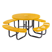 Coated Outdoor Furniture Heavy-Duty Portable Outdoor Picnic Table with Umbrella Hole, Expanded Metal Commercial-Grade Patio Dining Furniture Made in America (46" Round Top, Yellow)