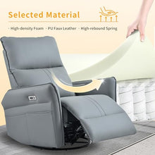 GDFStudio 270° Power Swivel Rocker Recliner Chair with USB & Type-C Ports, PU Leather Electric Glider Recliner, Upholstered Reclining Armchair with Side Pockets for Living Room, Bedroom, Blue Grey