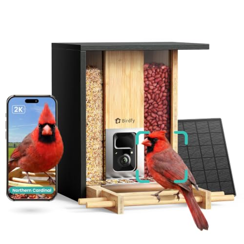 Birdfy Smart Bird Feeder with Camera, Solar Powered, 2K Live Stream, Bamboo Bird Feeder with Metal Guard, AI Bird Identification, Auto-Recorded Videos, Gift for Bird Lovers