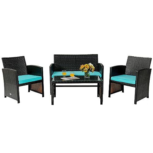 DUYHBAWRS 4PCS Patio Rattan Furniture Set Cushioned Chair Sofa Table Turquoise
