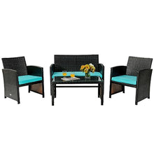 DUYHBAWRS 4PCS Patio Rattan Furniture Set Cushioned Chair Sofa Table Turquoise