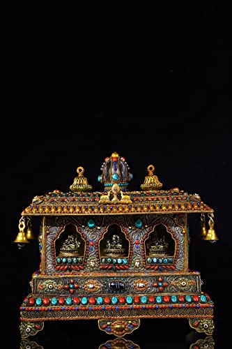 Generic 14" Tibetan Temple Collection Silver Gilt Gem Dzi Beads Wind Chimes Buddha Statue Four-Armed Guanyin Exorcism 1