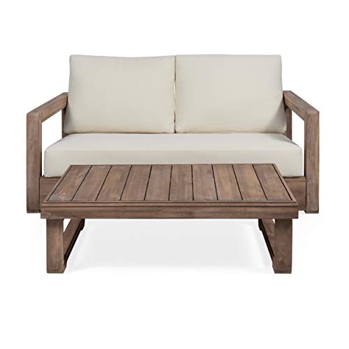 Christopher Knight Home Randy Outdoor Acacia Wood Loveseat Set with Coffee Table Brown and Beige