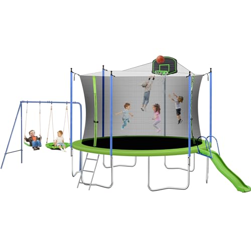 Roinoim 14FT Outdoor Trampoline with Swing, Slide, Basketball Hoop, Safety Enclosure, Ladder Green