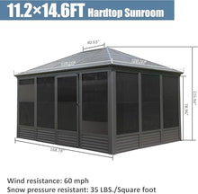 DuraYu 11.2'(W) x 14.6'(L) Outdoor Sunroom Aluminum Hardtop Gazebo with Galvanized Steel Roof, PVC Screen Walls and Sliding Doors, Gray