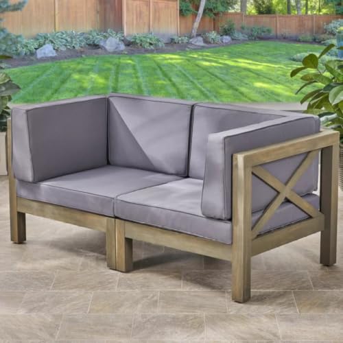 Hassyee 2 Pieces Acacia Wood Loveseat with Removable Cushions for Poolside, Backyard, Outdoor Furniture Set with X Shape Design Armrests & Backrests for Lawn, Garden, Balcony (Grey)