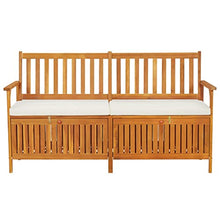 LKJVFCPW 67-Inch Solid Acacia Wood Patio Storage Bench with Cream White Cushioned Seat for Outdoor Garden Deck Entryway Furniture