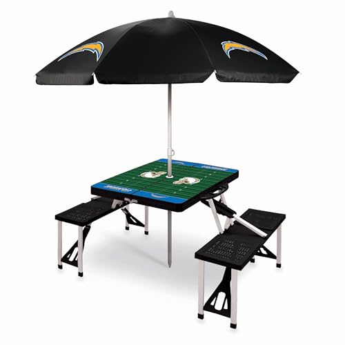 PICNIC TIME Los Angeles Chargers Picnic Table Portable Folding Table with Seats and Umbrella, (Black)