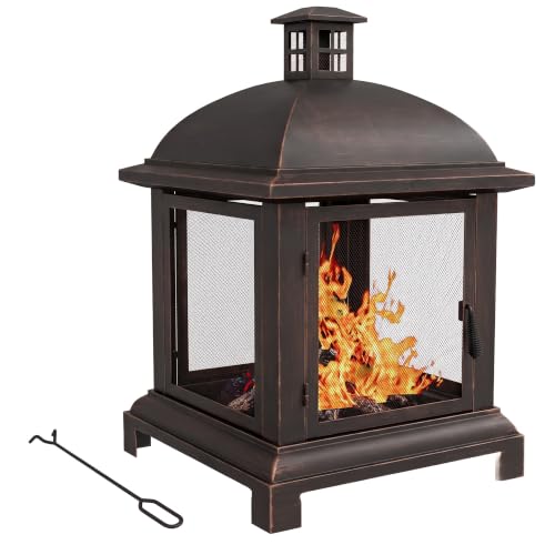 Outsunny 26" Fire Pit with Spark Guard and Poker, Chimney Style Outdoor Wood Firepit, Steel - Black