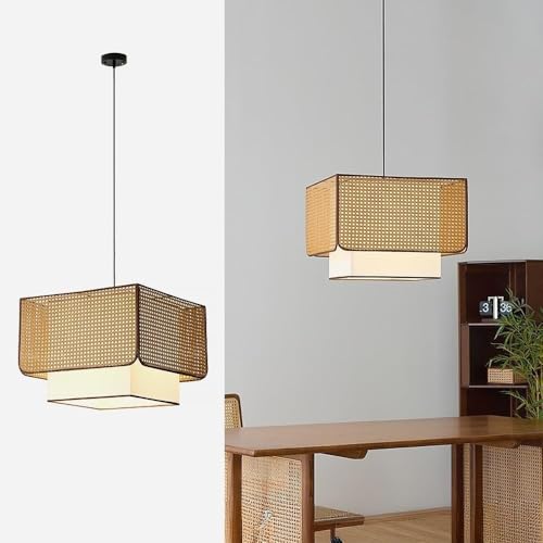 zhongheng Boho Rattan Pendant Light, Farmhouse/Coastal Style, Adjustable Hanging Fixture with Woven Shade, Lamp Compatible for Kitchen Island, Bedroom, Living Room (Bulb Not Included)(23.6in)
