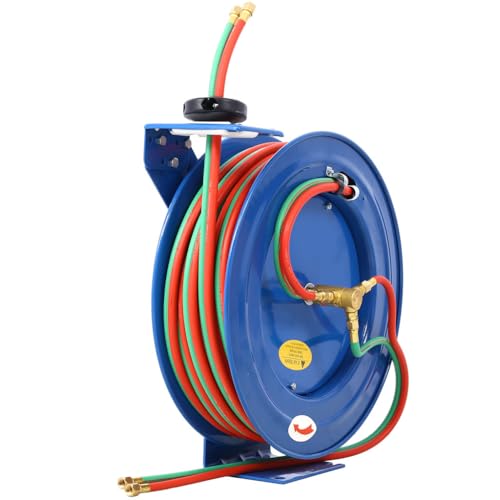 HOYOC Retractable Welding Hose Reel, 1/4 Inch x 100 Foot Twin Oxygen Acetylene Rubber Hoses Max 200PSI, Heavy Duty Industrial Single Arm Construction for Workshops & Garages,1/4 Inch x 100 Foot