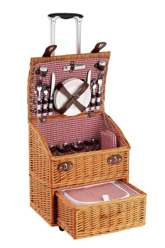 Wheeled Picnic Basket 4 Person Handmade Wicker Picnic Set Gingham Design with Drawer - Brown