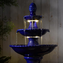 3-Tier Dark Blue Ceramic Fountain, Decorative Water Fountain with LED Lights and Quiet Pump, Indoor Outdoor Water Feature for Patio, Garden, Deck, Balcony, Office and Home Décor