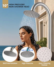 CHALIRS 316 Marine Grade Stainless Steel Free Standing Outdoor Shower with Foot Wash, 3-Function Nickel Shower Kit with 10''Rain Shower Head,Outdoor Shower Fixture for Backyard Beach Poolside