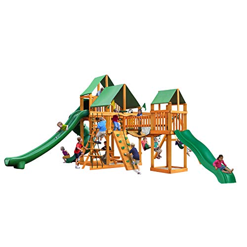 Gorilla Playsets Treasure Trove II Wood Swing Set with Green Vinyl Canopy, Clatter Bridge & 3 Slides Amber