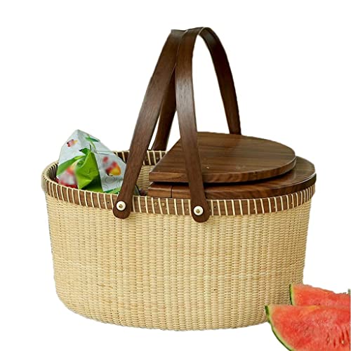 ZYBB Picnic Basket Easter Basket with Double Folding Handles Solid Wood Lid and Bottom Rattan Basket Grocery Basket 15X11x16 Inch(Color:Brown)