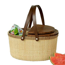 ZYBB Picnic Basket Easter Basket with Double Folding Handles Solid Wood Lid and Bottom Rattan Basket Grocery Basket 15X11x16 Inch(Color:Brown)