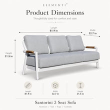 Outdoor Couch Elementi Santorini Patio Sofa, 3 Seat Outdoor Furniture Sofa with Aluminum Teak Rope Frame and Sunbrella Natté Grey Chiné Cushions, White, 81.9 x 32.7 x 31.5 in