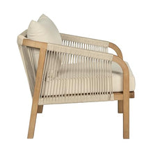 Benzara Ann 32 Inch Outdoor Accent Chair, Brown Eucalyptus, Rope, Ivory Olefin