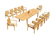 WholesaleTeak 12 Seats 13 Pcs Grade-A Teak Wood Dining Set: 122" Atnas Double Extension Rectangle Table and 12 Clipper Stacking Arm Chairs #11CP2813