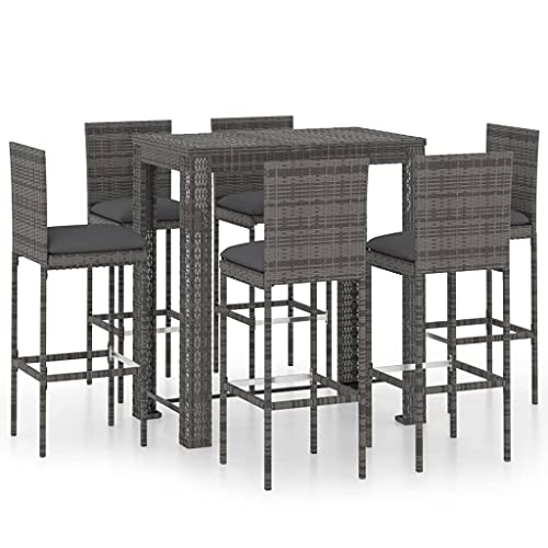 KUPTYERFG 7-Piece Outdoor Bar Set, Gray PE Rattan Garden Patio Dining Table and Stools with Cushions, Rectangular High Top Bistro Set for Backyard Balcony and Terrace