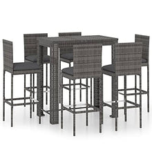 KUPTYERFG 7-Piece Outdoor Bar Set, Gray PE Rattan Garden Patio Dining Table and Stools with Cushions, Rectangular High Top Bistro Set for Backyard Balcony and Terrace