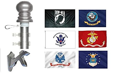 Made in The USA Military Flag & Flagpole Set, One Flag for Each Military Service, 3'x5' Nylon Flags w/Imported Flagpoles, Includes Each Armed Forces Flag, 6' Spinner Flagpole & Aluminum Bracket