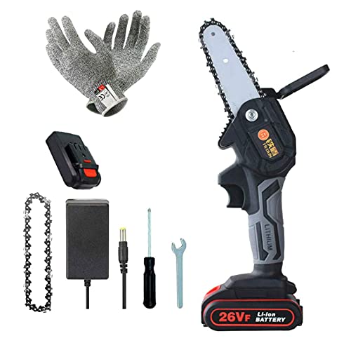 Mini Chainsaw 4 Inch Hand Held Cordless Chainsaw 2 Batteries and Brushless Chainsaw Motor 26V Electric Hand Saw Weighing 0.7kg One Battery