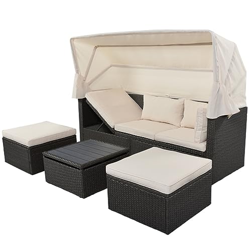 YWMLFZ Patio Rectangle Daybed with Retractable Canopy, Wicker Furniture Sectional Seating with Washable Cushions, Backyard, Porch