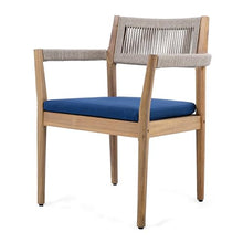 Christopher Knight Home Caitlyn Acacia Wood Outdoor Dining Chairs Set of 6, Patio Chairs with Weather-Resistant Cushions, Garden Extra Seating with Handwoven Rope Accent, Blue Navy + Teak + Beige