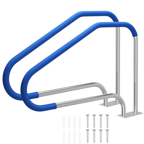 LSJINGS 49‘‘ x 34‘‘ Pool Handrail, In Ground Pool Rail with Blue Heat & Slip Resistant Cover, 316 Stainless Steel 550LBS Load Capacity Pool Railing for Pool, Deck, Water Park(2)