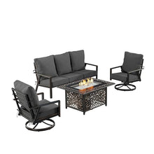 Oakland Living Black Aluminum Patio Fire Table Set with Deep Seating Sofa with Cushion and Two Club Chairs with Black Cushions