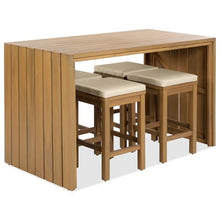 YOPTO 5 Piece Outdoor Bar Set, Patio Acacia Wood Bar Height Table & Four Stools with Cushions, Wood Dining Bar Set for Backyard, Poolside, Balcony, Beige