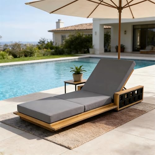 Christopher Knight Home Arly Acacia Wood Chaise Lounge Chair Outdoor Set of 2, Poolside Sun Lounger Recliner, Patio Outdoor Chaise Lounge with 4'' Triple Folds Cushion, Teak+Dark Gray