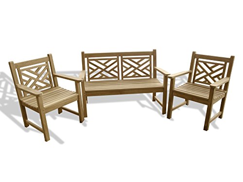 Genuine Grade A Teak British Classic Chippendale 3 Pc Outdoor Garden Patio Set, One 48"/50lbs 2 Seater Bench, Two 25"/31 lbs Chairs,5 Yr Wrnty, World's Best Outdoor Furniture! Teak Lasts A Lifetime!