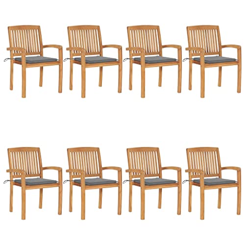 VIHHQGC 8-Piece Brown Teak Wood Garden Chair Set with Grey Polyester Cushions, Stackable Outdoor Dining Chairs for Patio Balcony Indoor Use