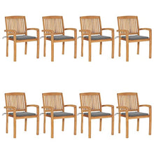 VIHHQGC 8-Piece Brown Teak Wood Garden Chair Set with Grey Polyester Cushions, Stackable Outdoor Dining Chairs for Patio Balcony Indoor Use