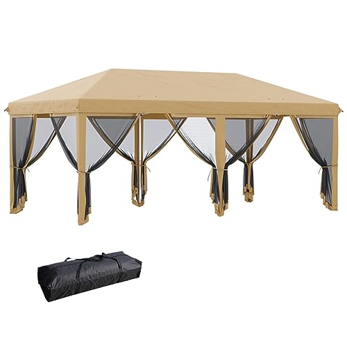 10x20 Pop up Canopy Tent with Netting,Portable Party Tent w/Ground Stakes & Carry Bag,Outdoor Pergola Sun Shade Instant Shelter Gazebo Event Tent for Parties Patio Backyard Beach Weddings,Beige
