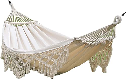 DULASP Camping Hammock Brazilian Tassels with Fringe Crochet Cotton Linen Double Hammock for Outdoor Indoor Garden Patio Porch Yard Included Carrying Bag
